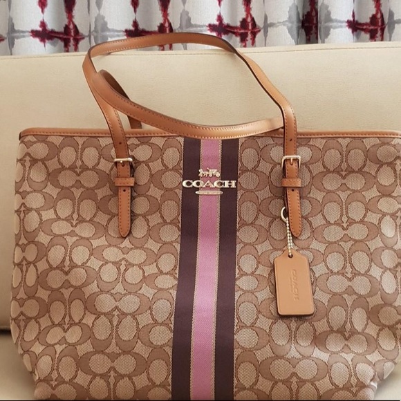 Coach Bags Coach Jacquard Signature Stripe Zip Top Tote Poshmark